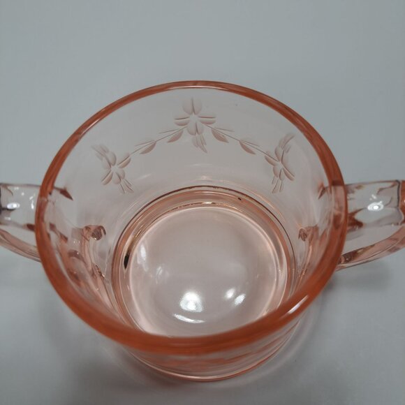 Pink Depression Double Handled Open Sugar Bowl Etched Floral Decor 30s Vintage - Picture 7 of 10
